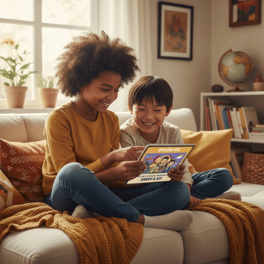 Two children enjoying EpicEra Kids stories together