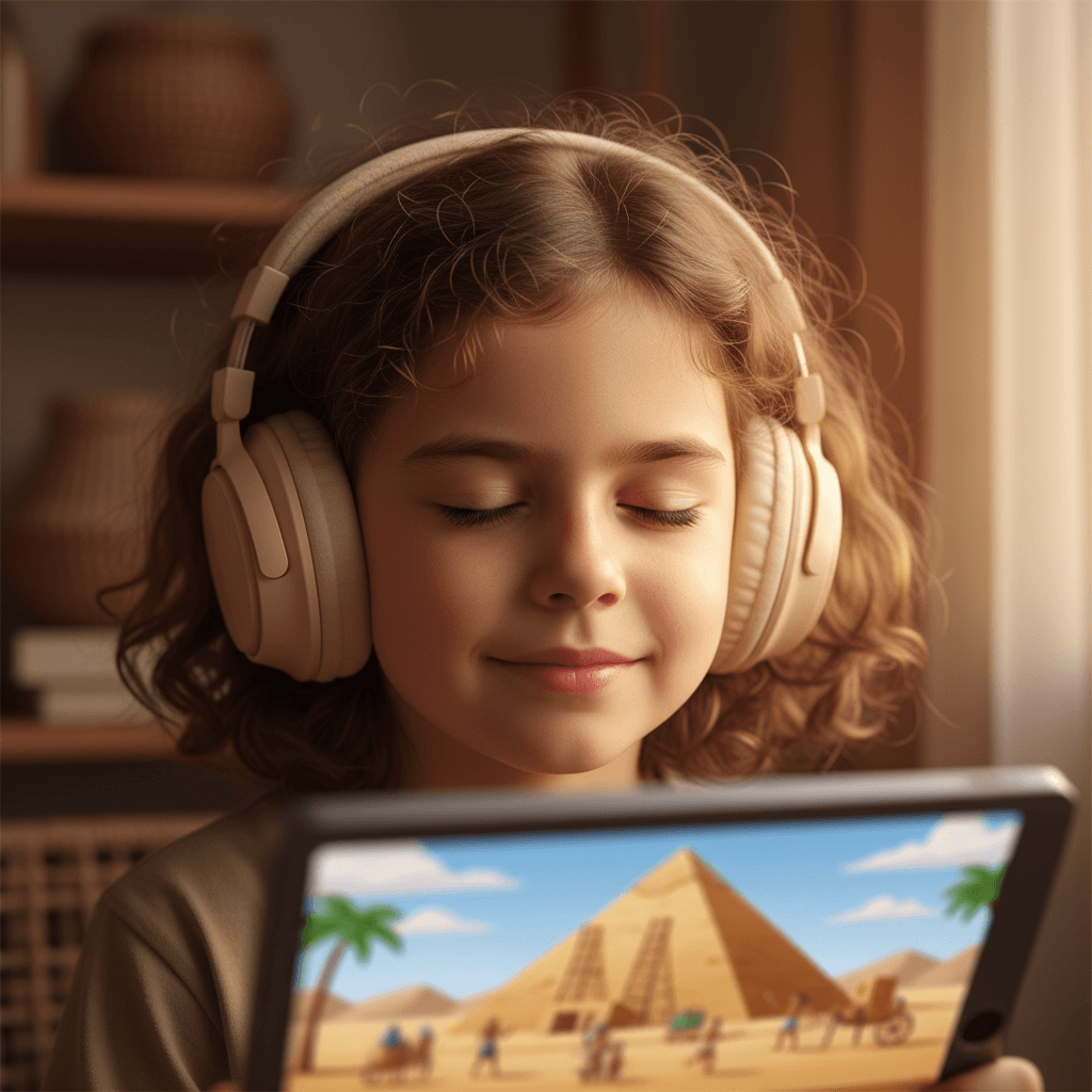 Child listening to EpicEra Kids audiobook with headphones