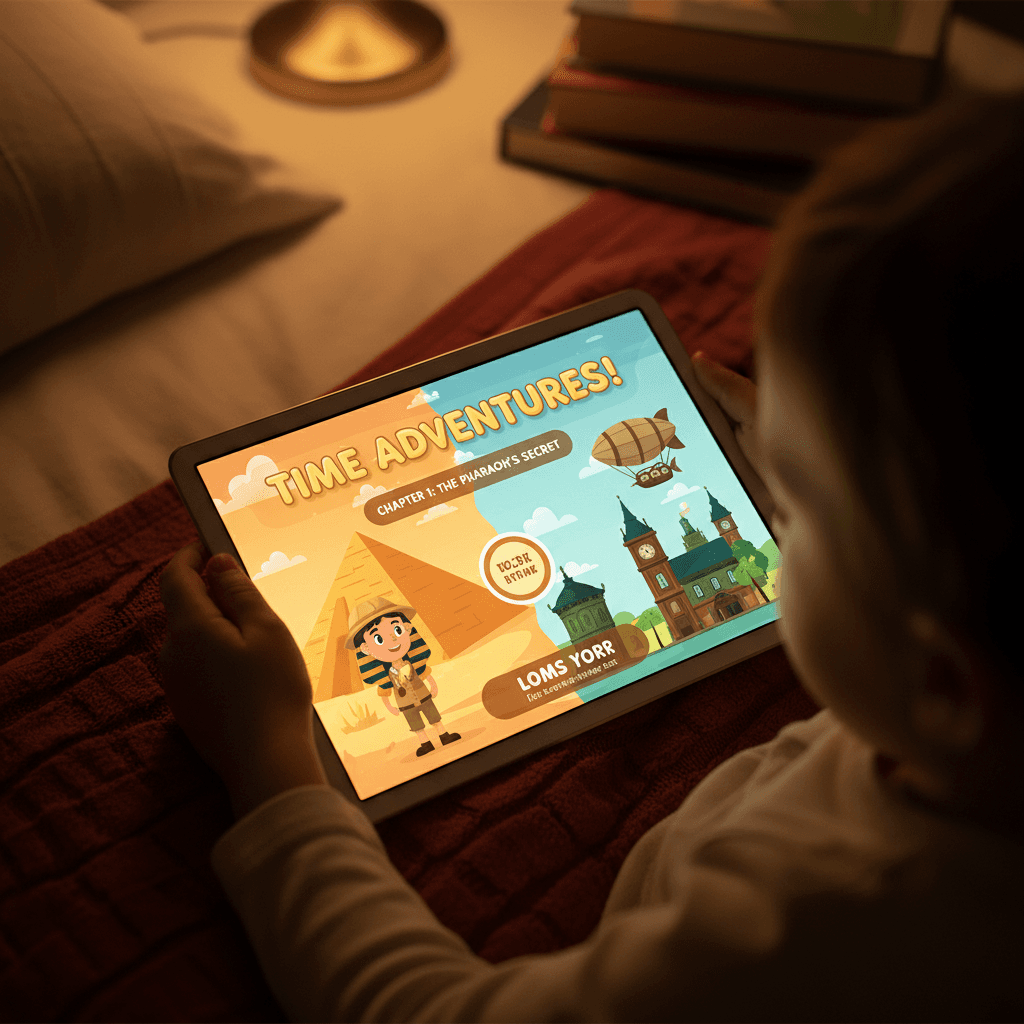 Child reading personalized time-travel story on tablet