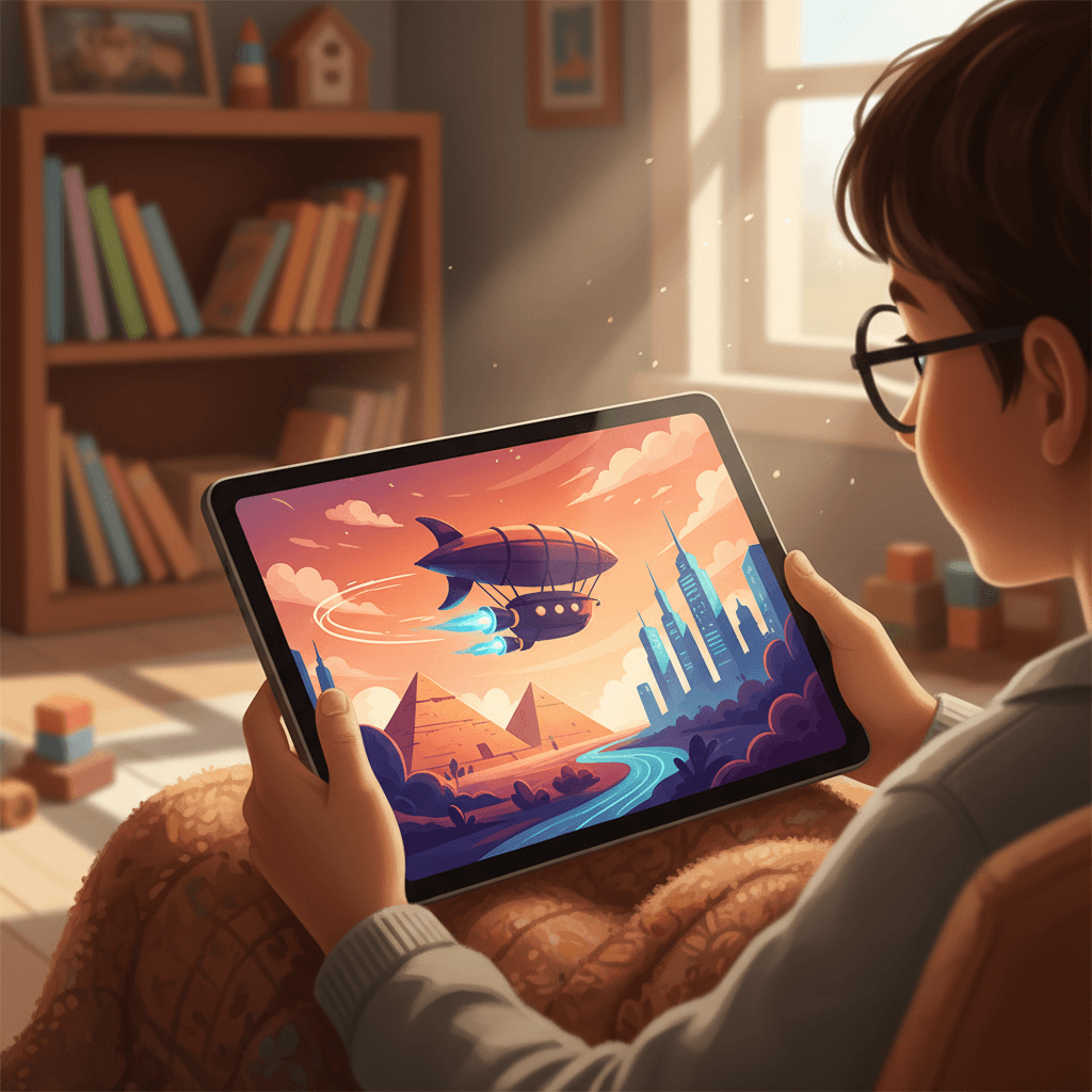 Child reading an EpicEra Kids personalized time-travel story on a glowing tablet