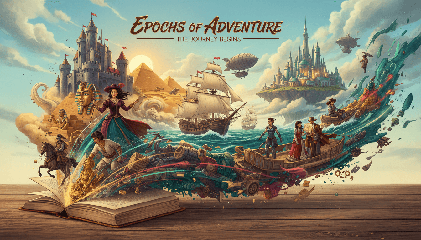 Illustrated montage of historical time periods and adventure scenes from EpicEra Kids stories