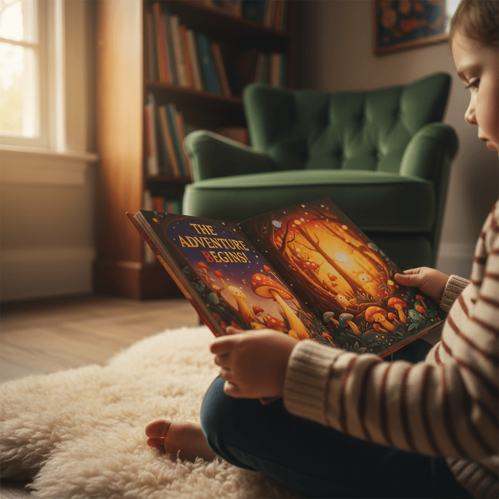 Child reading an engaging story in a cozy nook
