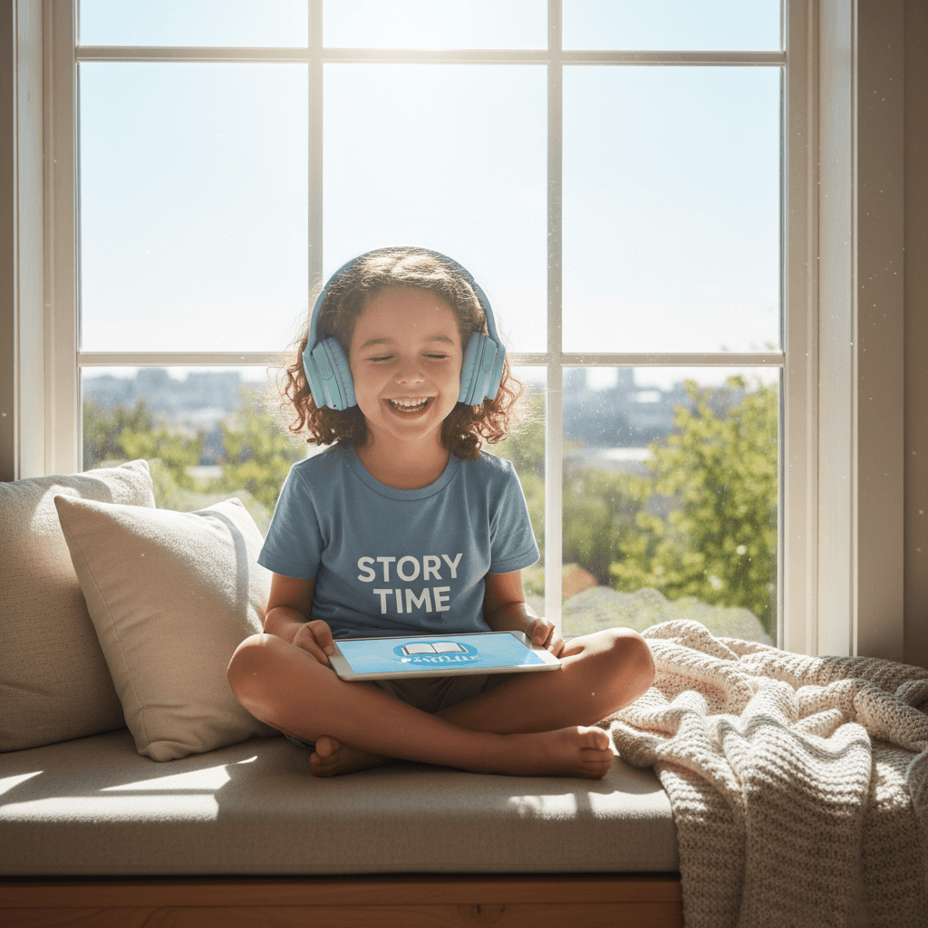 Child enjoying an audiobook through headphones